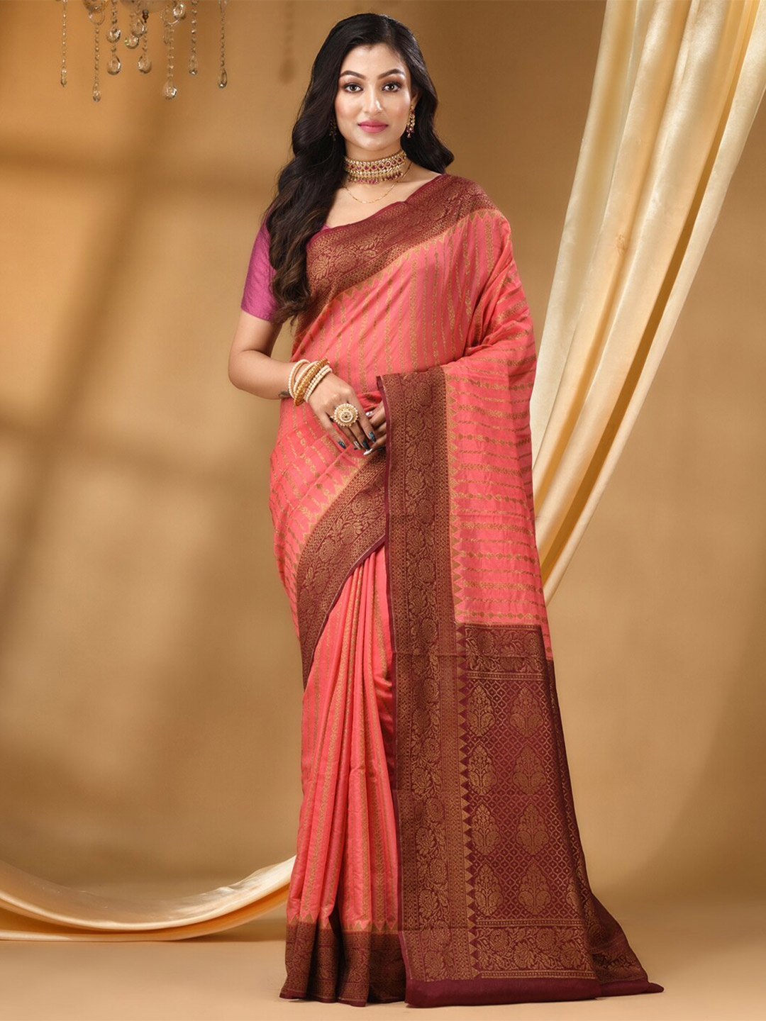 

HOUSE OF BEGUM Ethnic Motifs Woven Design Zari Banarasi Saree, Peach