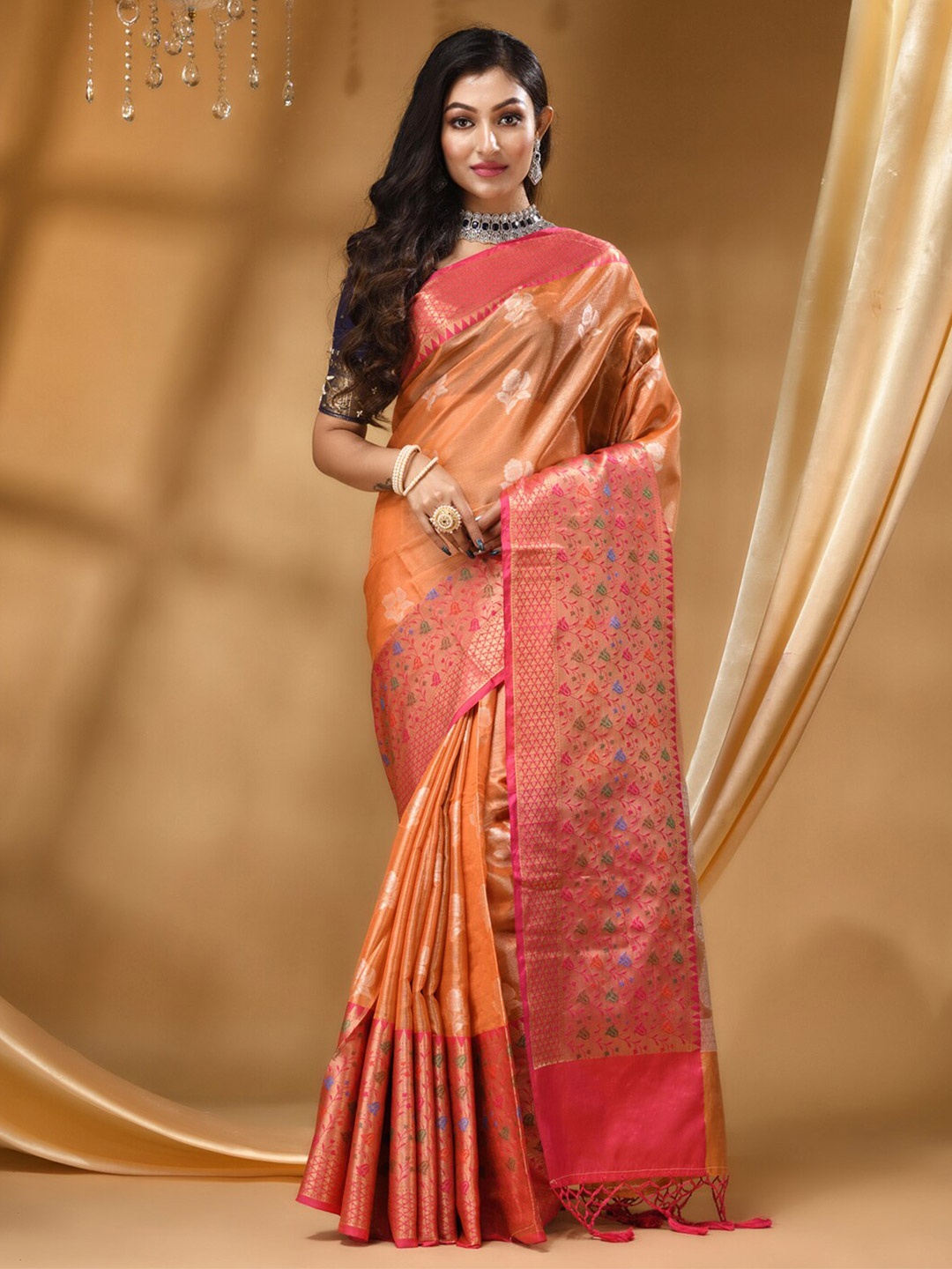 

HOUSE OF BEGUM Floral Woven Design Zari Banarasi Saree, Peach