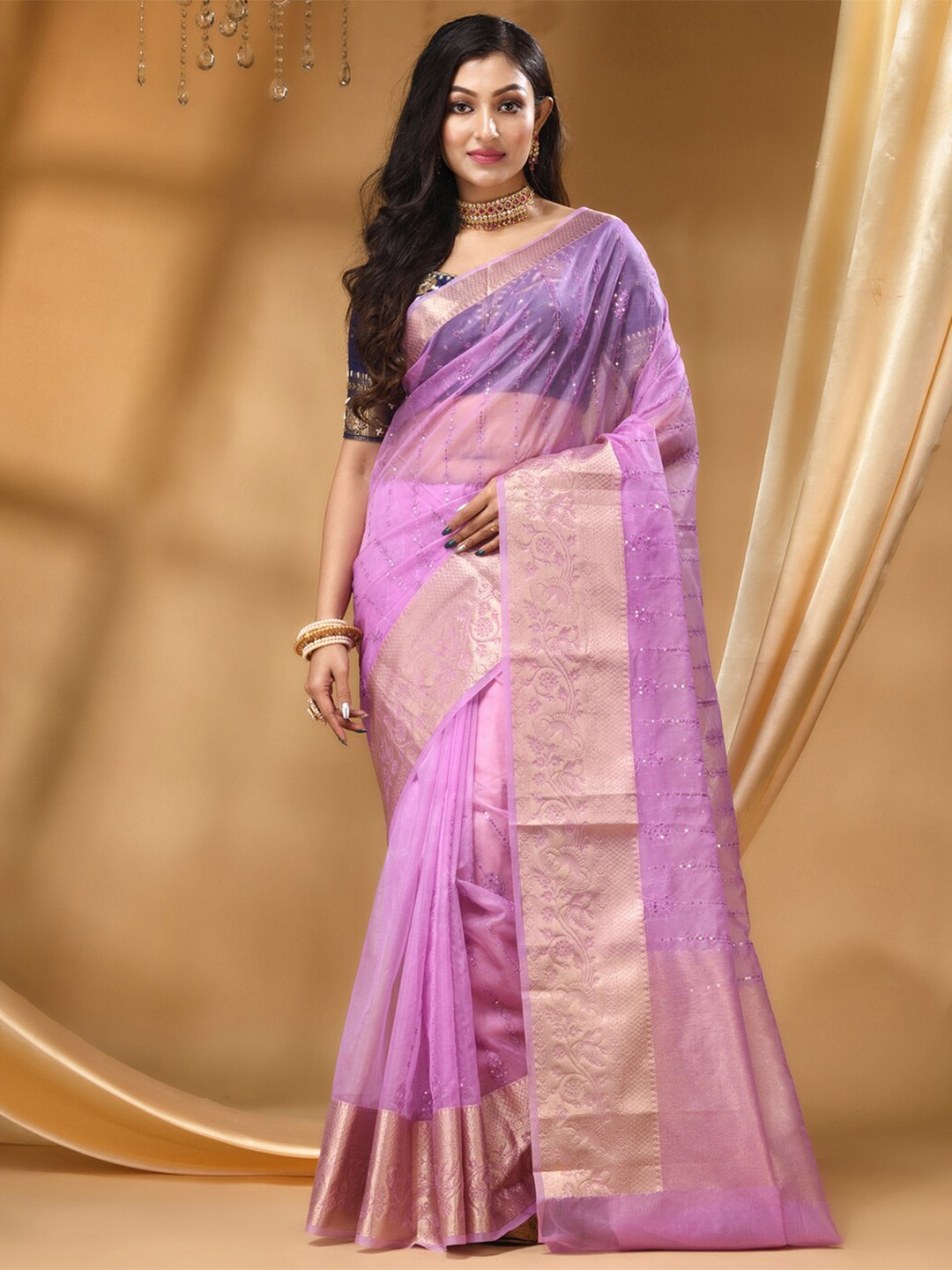 

HOUSE OF BEGUM Floral Embroidered Zari Banarasi Saree, Lavender