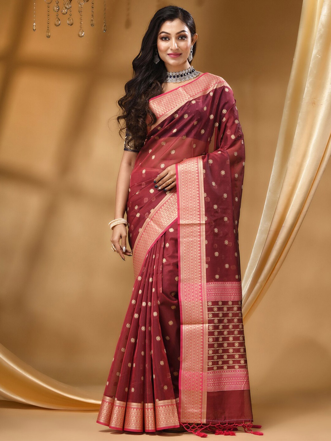 

HOUSE OF BEGUM Ethnic Motifs Woven Design Banarasi Saree, Maroon