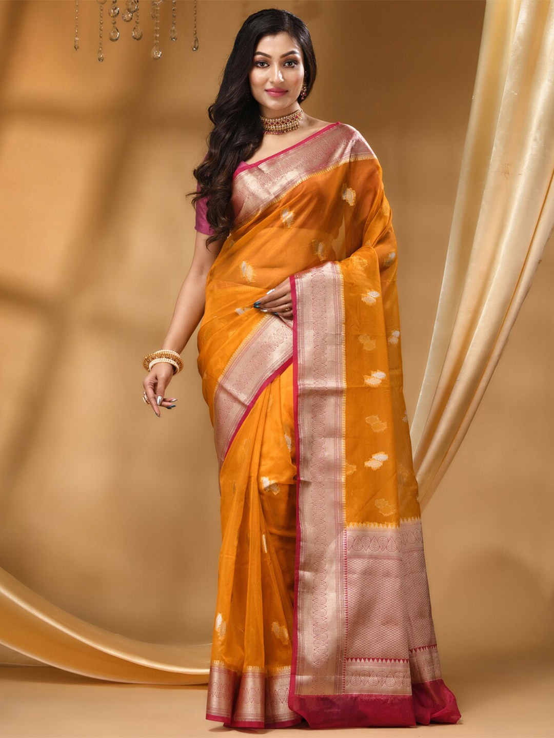 

HOUSE OF BEGUM Ethnic Motifs Woven Design Zari Banarasi Saree, Mustard