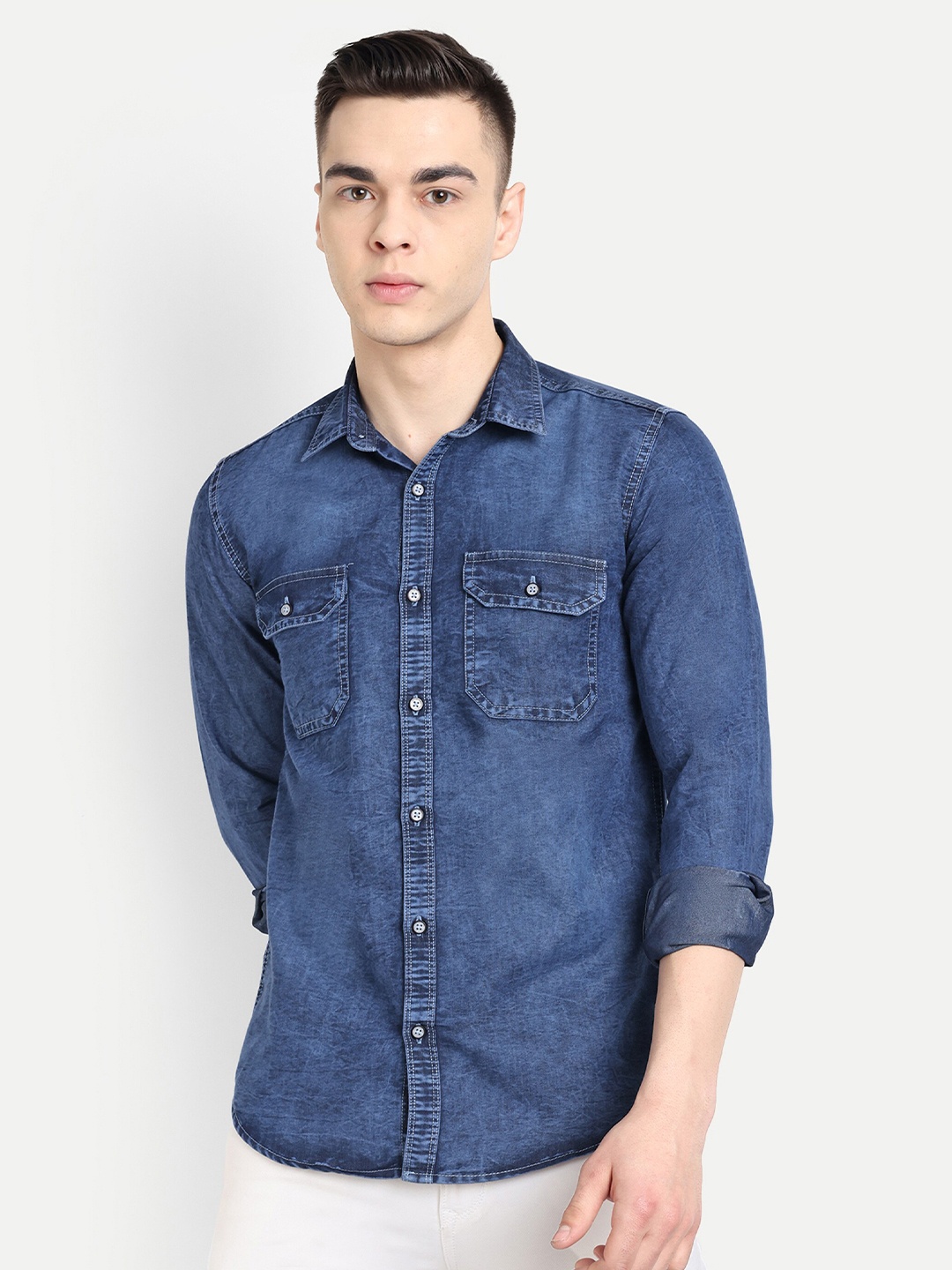 

CARBONN CLOTH Spread Collar Denim Casual Shirt, Blue