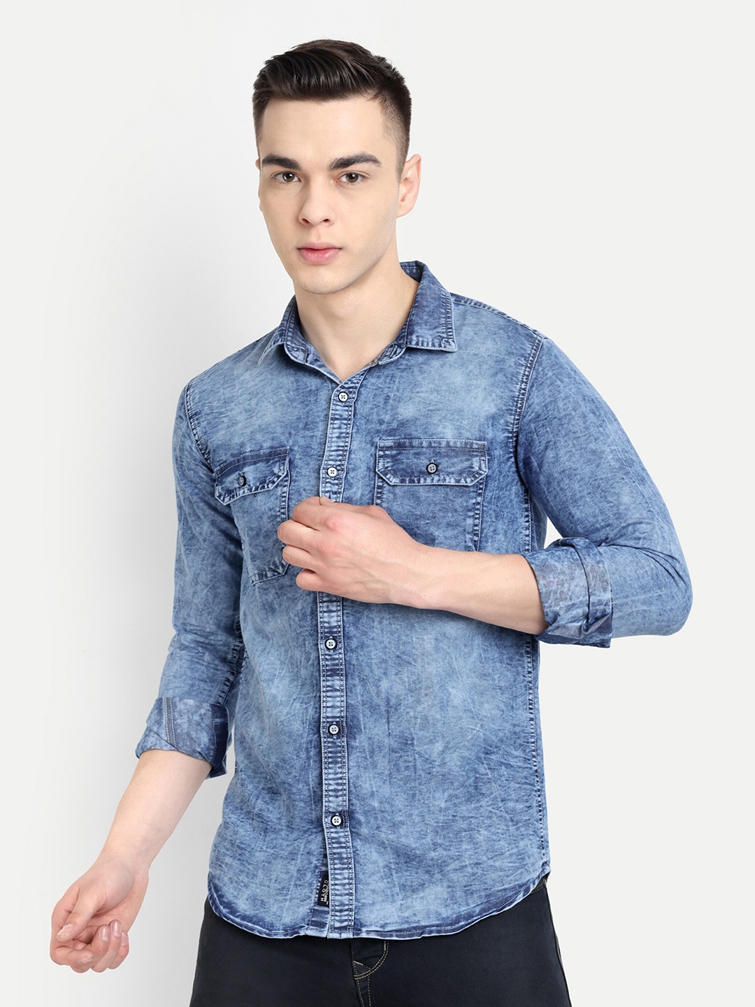 

CARBONN CLOTH Faded Spread Collar Denim Casual Shirt, Blue
