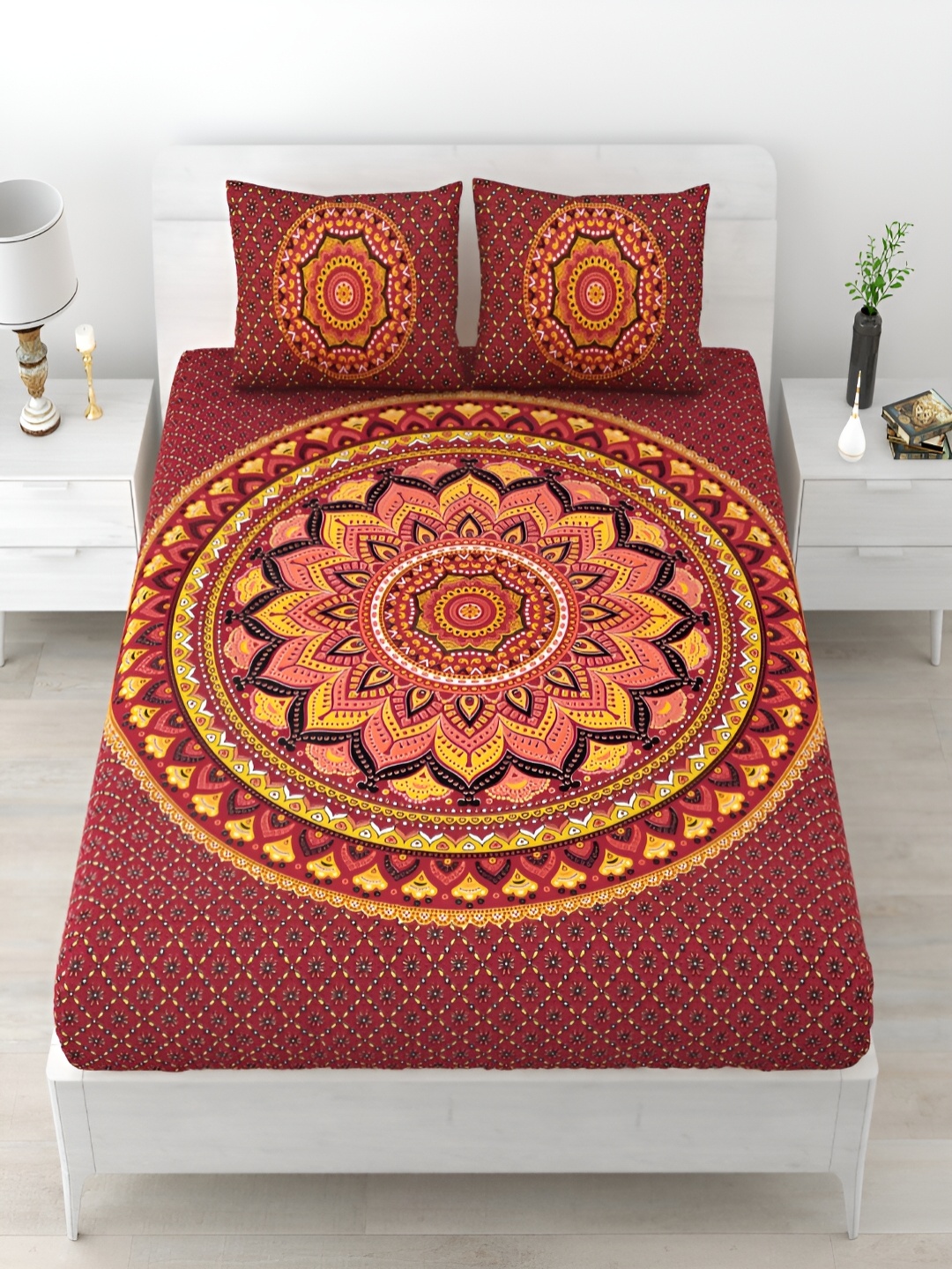 

Runjhun Red & Yellow Ethnic Motifs Pure Cotton 240 TC King Bedsheet & 2 Pillow Covers