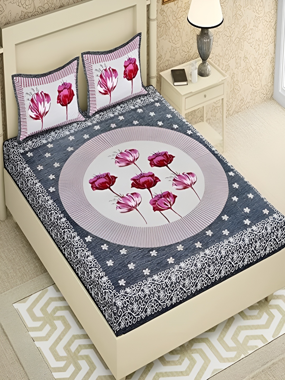 

Runjhun Pink & Grey Floral Printed 180 TC Cotton Queen Bedsheet with 2 Pillow Covers