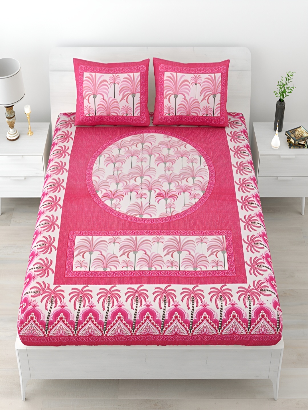 

Runjhun Pink & White Ethnic Motifs 180 TC Cotton Queen Bedsheet with 2 Pillow Covers