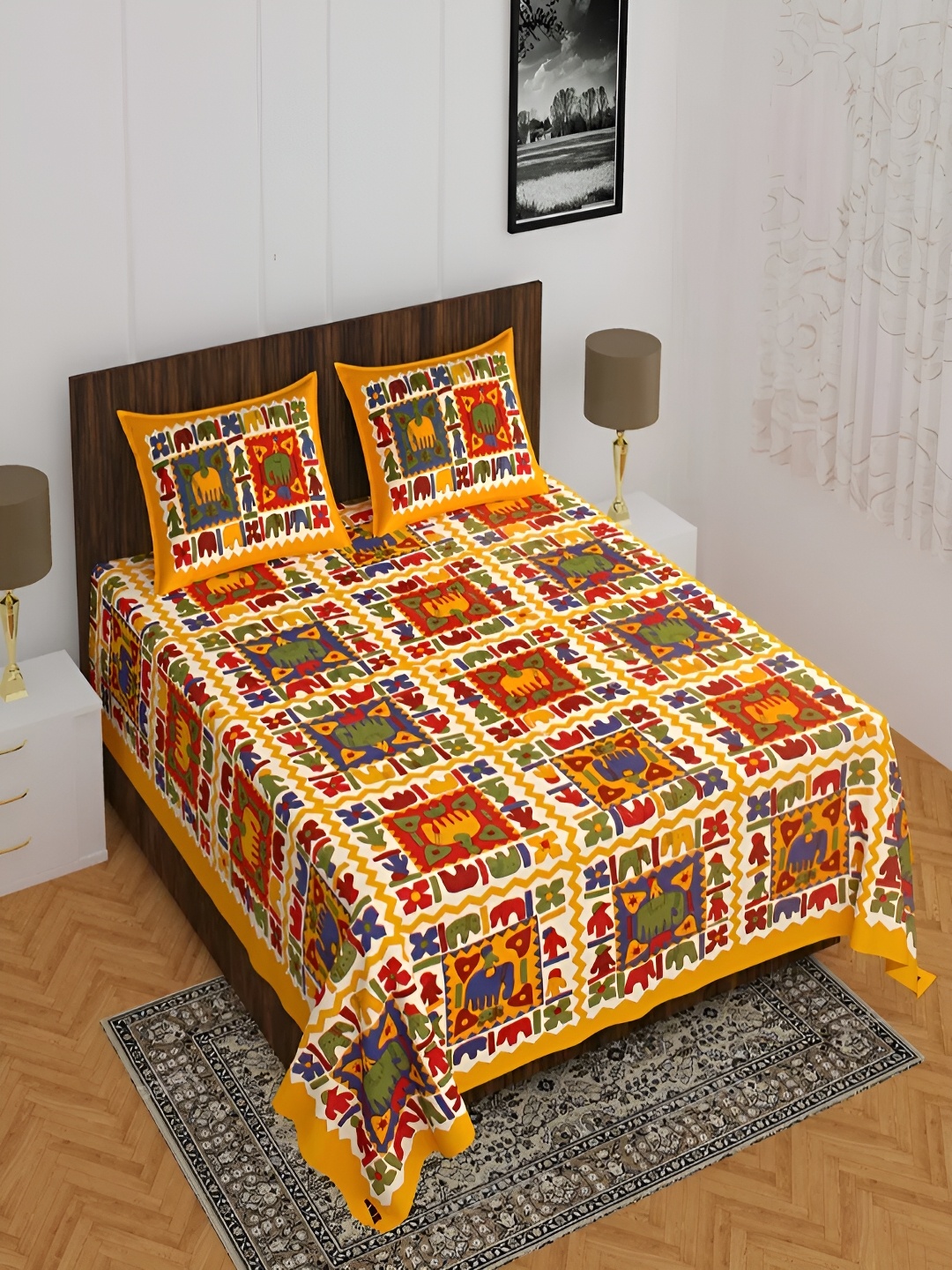 

Runjhun Yellow & Red Ethnic Motifs Pure Cotton 180 TC Queen Bedsheet With 2 Pillow Covers