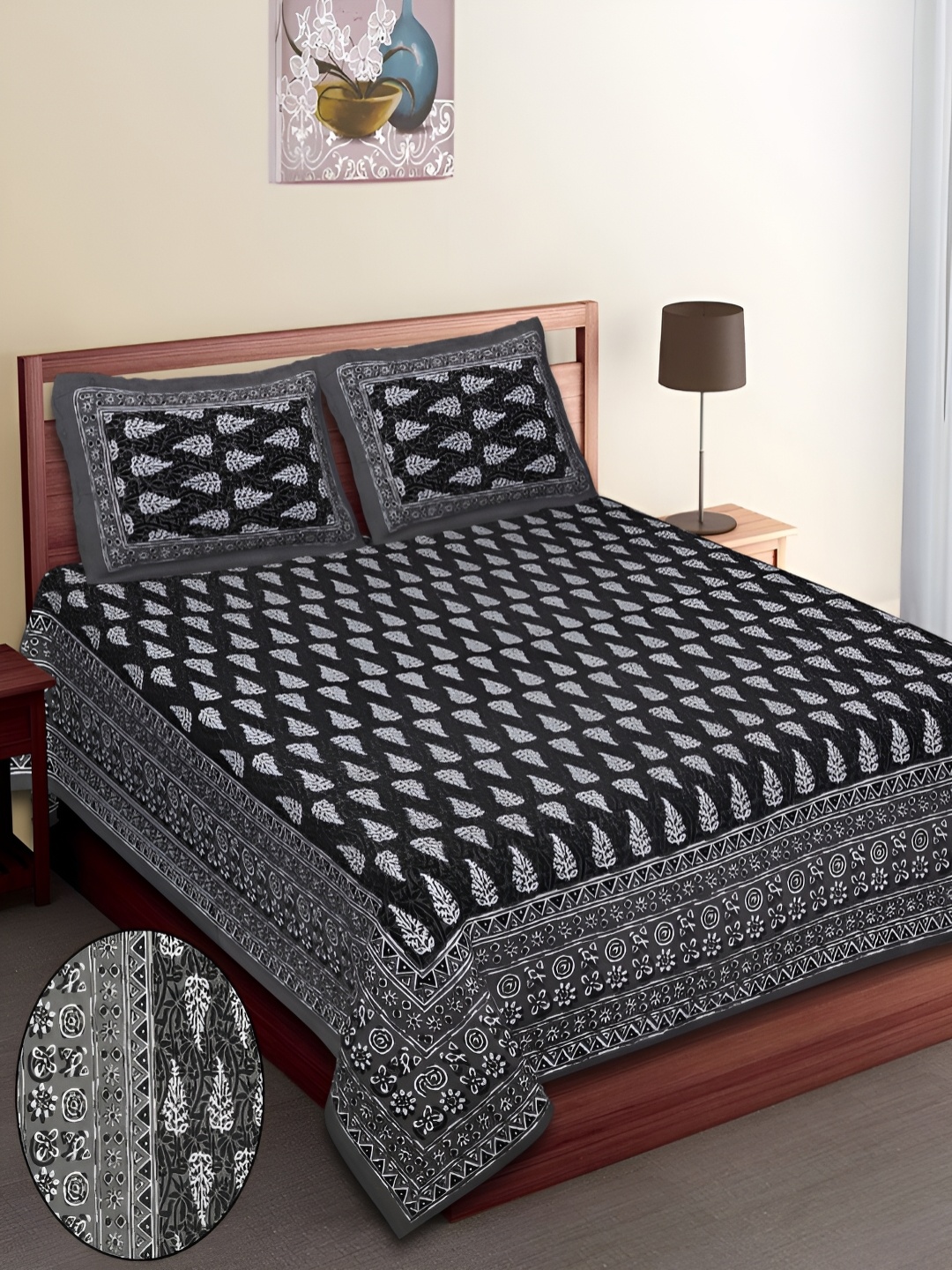 

Runjhun Black Ethnic Motifs Printed 180 TC Cotton Queen Bedsheet with 2 Pillow Covers