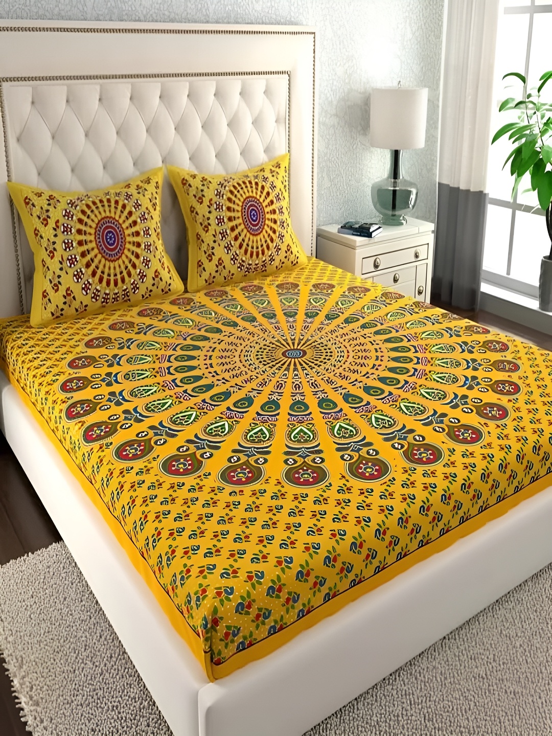 

Runjhun Yellow & Red Floral Printed 180 TC Cotton Queen Bedsheet with 2 Pillow Covers