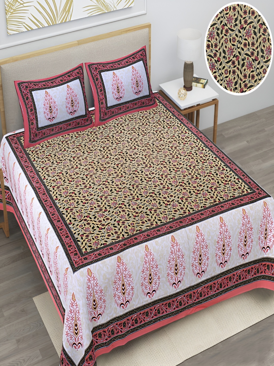 

Runjhun Black & Peach Floral Printed 180 TC Cotton Queen Bedsheet with 2 Pillow Covers