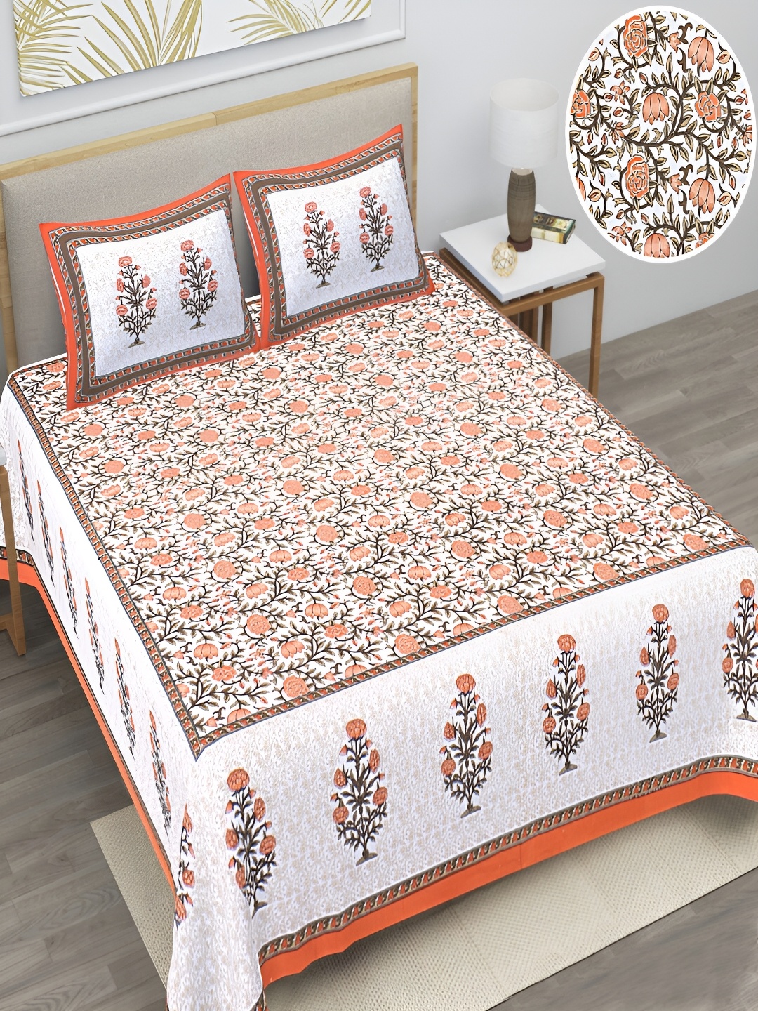 

Runjhun Orange & White Floral Pure Cotton 180 TC Queen Bedsheet With 2 Pillow Covers