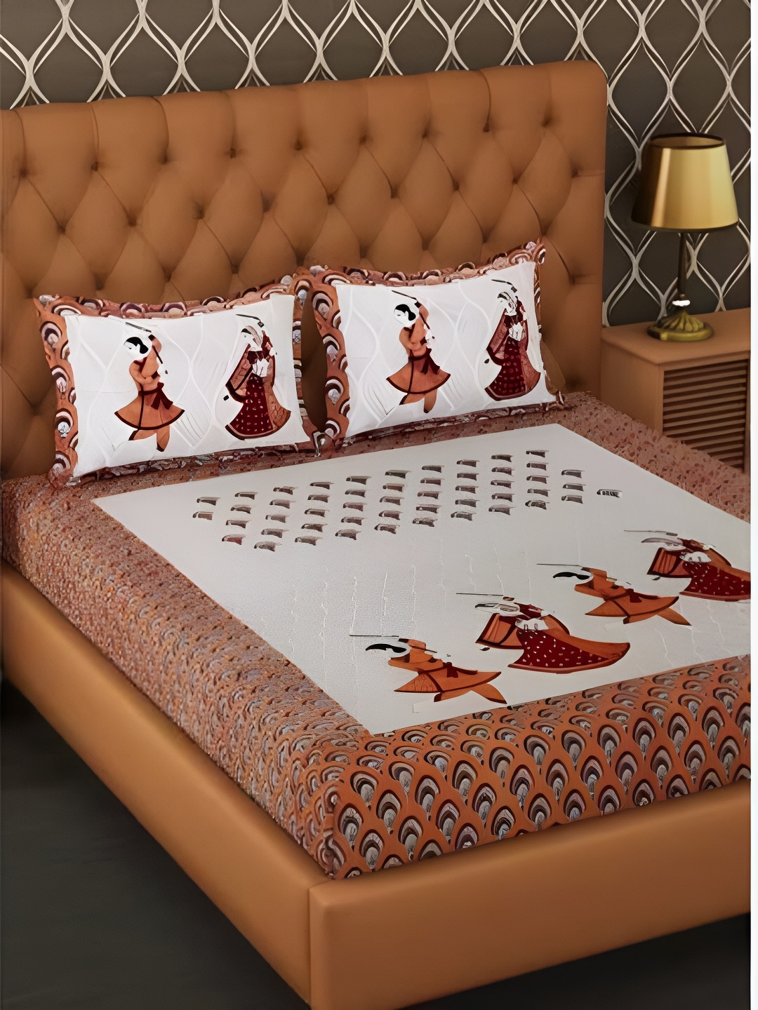 

Runjhun Orange & White Ethnic Motifs Cotton 180 TC Queen Bedsheet With 2 Pillow Covers