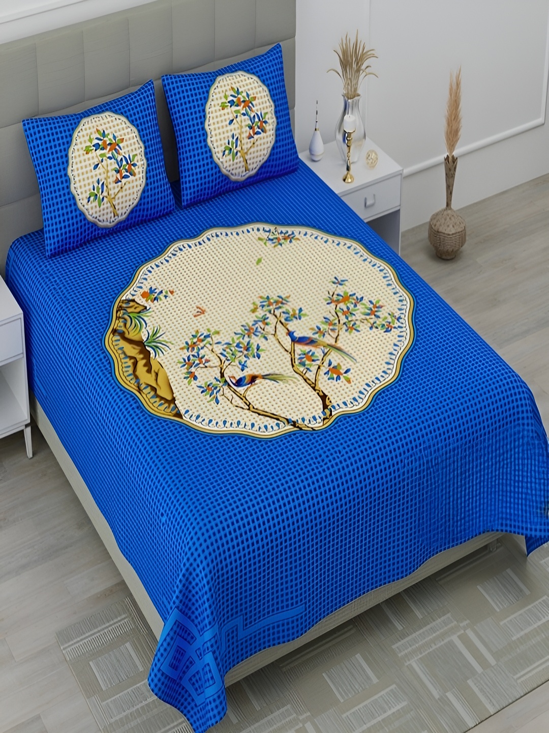 

Runjhun Blue & Green Floral 180 TC Queen Bedsheet with 2 Pillow Covers
