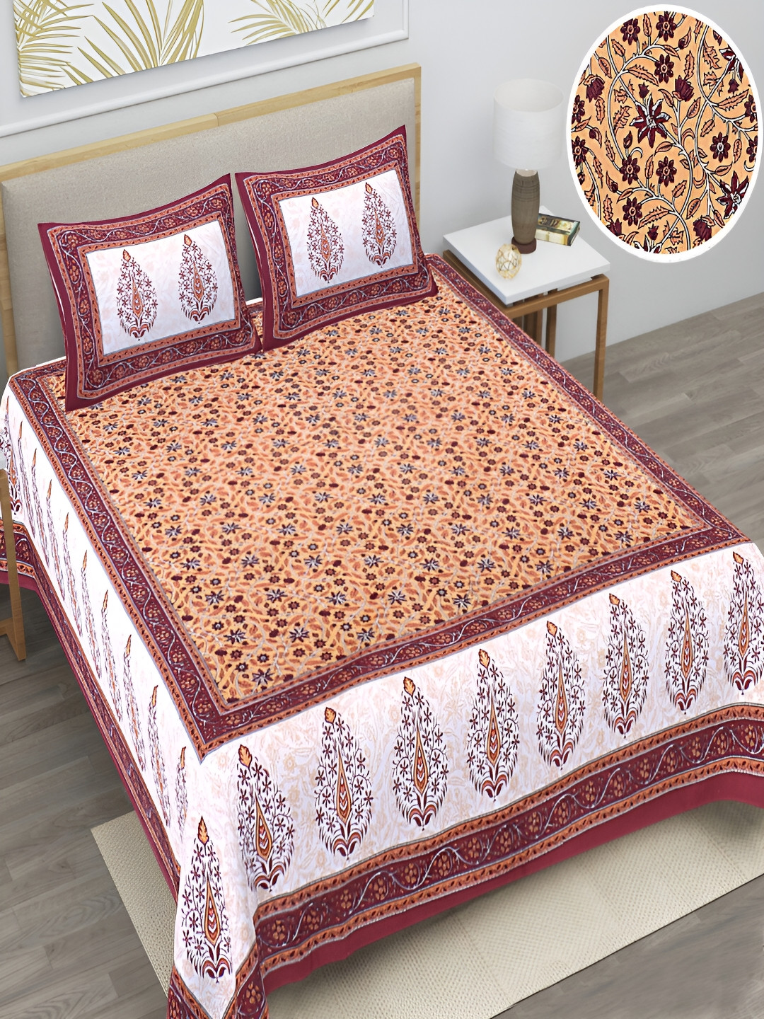 

Runjhun White & Mustard Floral 180 TC Queen Bedsheet with 2 Pillow Covers