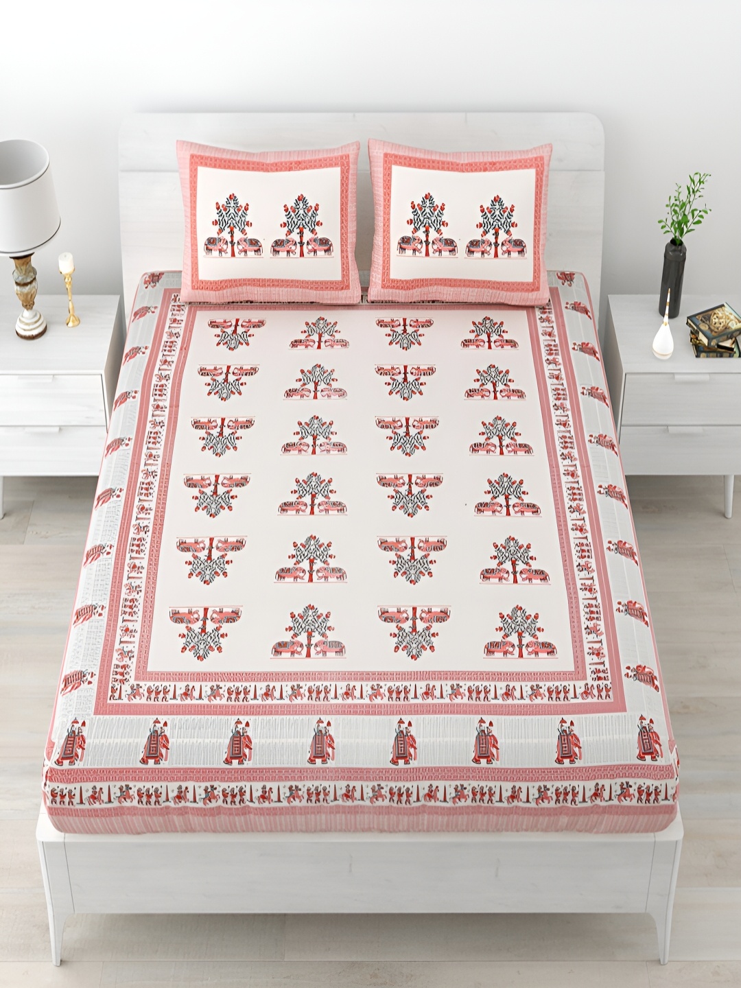 

Runjhun Red & White Floral Printed 240 TC Cotton King Bedsheet with 2 Pillow Covers