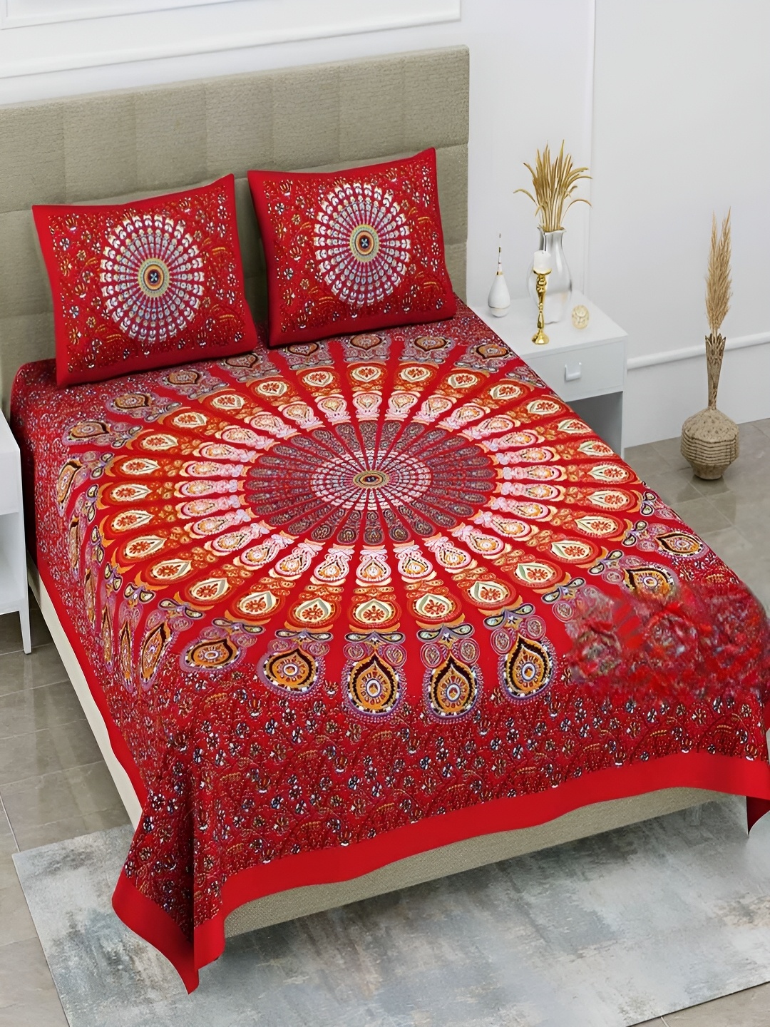 

Runjhun Red & Blue Ethnic Motifs Pure Cotton 180 TC Queen Bedsheet With 2 Pillow Covers