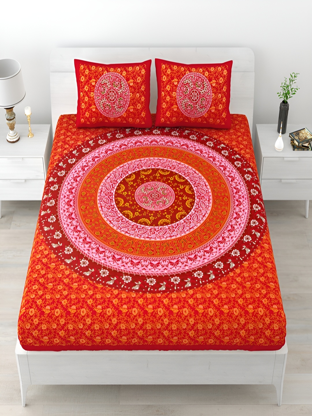 

Runjhun Orange & Pink Ethnic Motifs Pure Cotton 240 TC King Bedsheet With 2 Pillow Covers