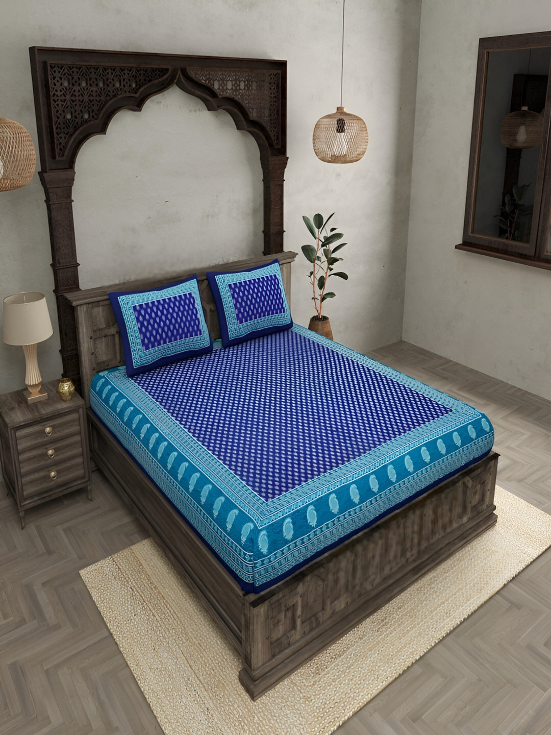 

Runjhun Blue & White Ethnic Motifs 180 TC Queen Bedsheet with 2 Pillow Covers