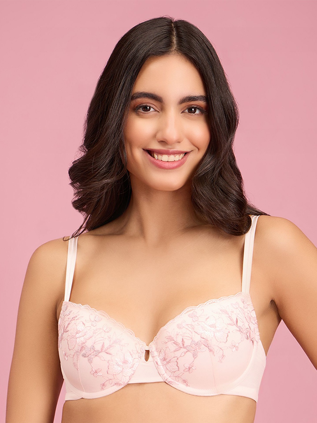 

Nykd Floral Self Design Half Coverage Underwired Lightly Padded Bra, Pink