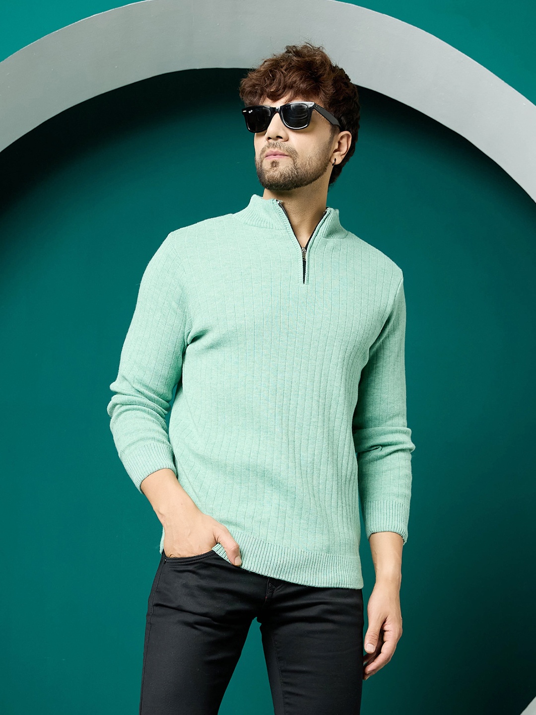 

KVETOO Ribbed Mock Collar Acrylic Pullover Sweater, Sea green