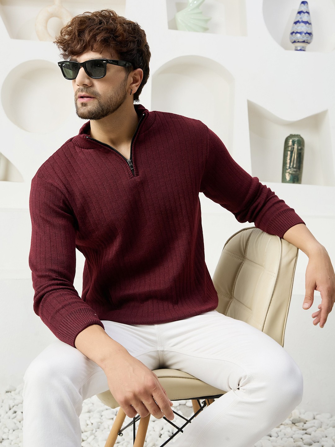 

KVETOO Ribbed Mock Collar Acrylic Pullover Sweater, Maroon