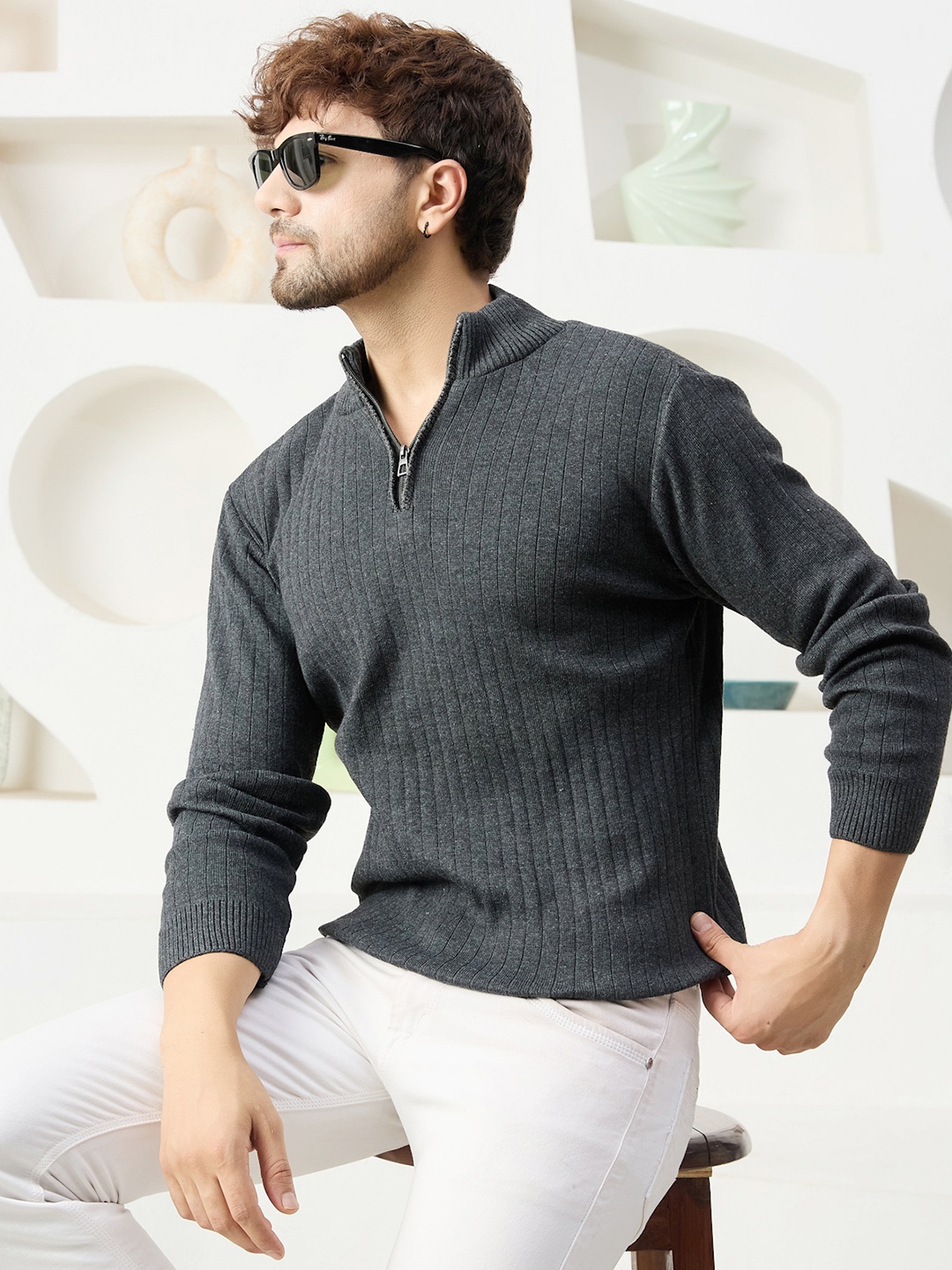 

KVETOO Ribbed Mock Collar Acrylic Pullover Sweater, Grey