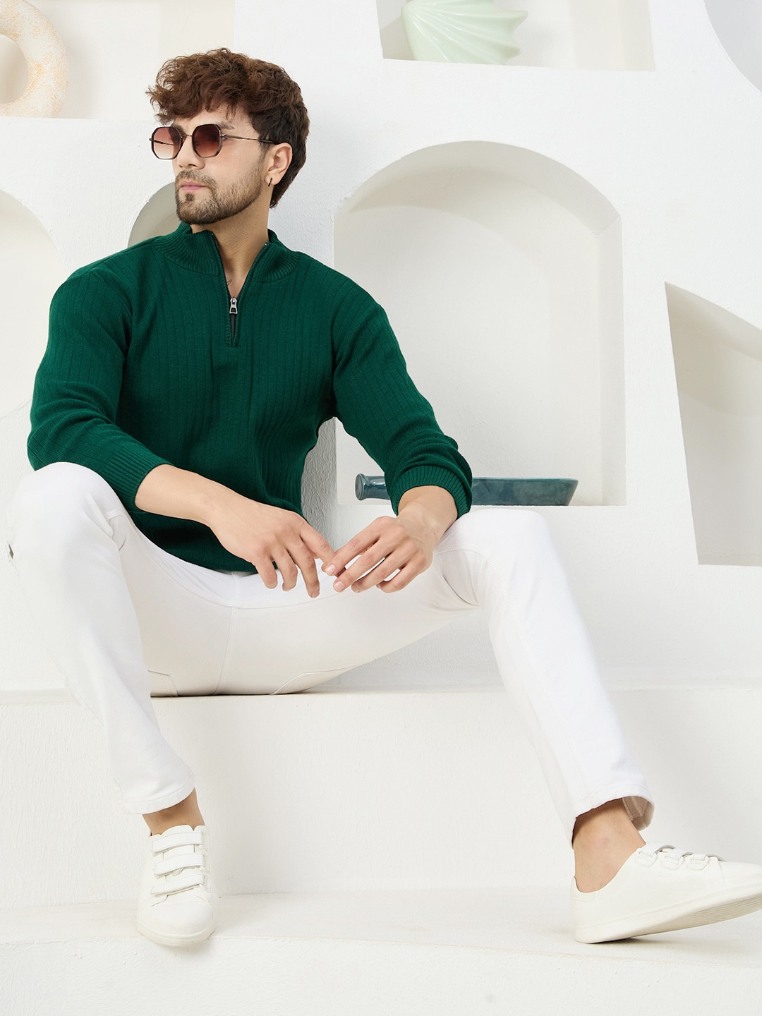 

KVETOO Ribbed Mock Collar Acrylic Pullover Sweater, Green