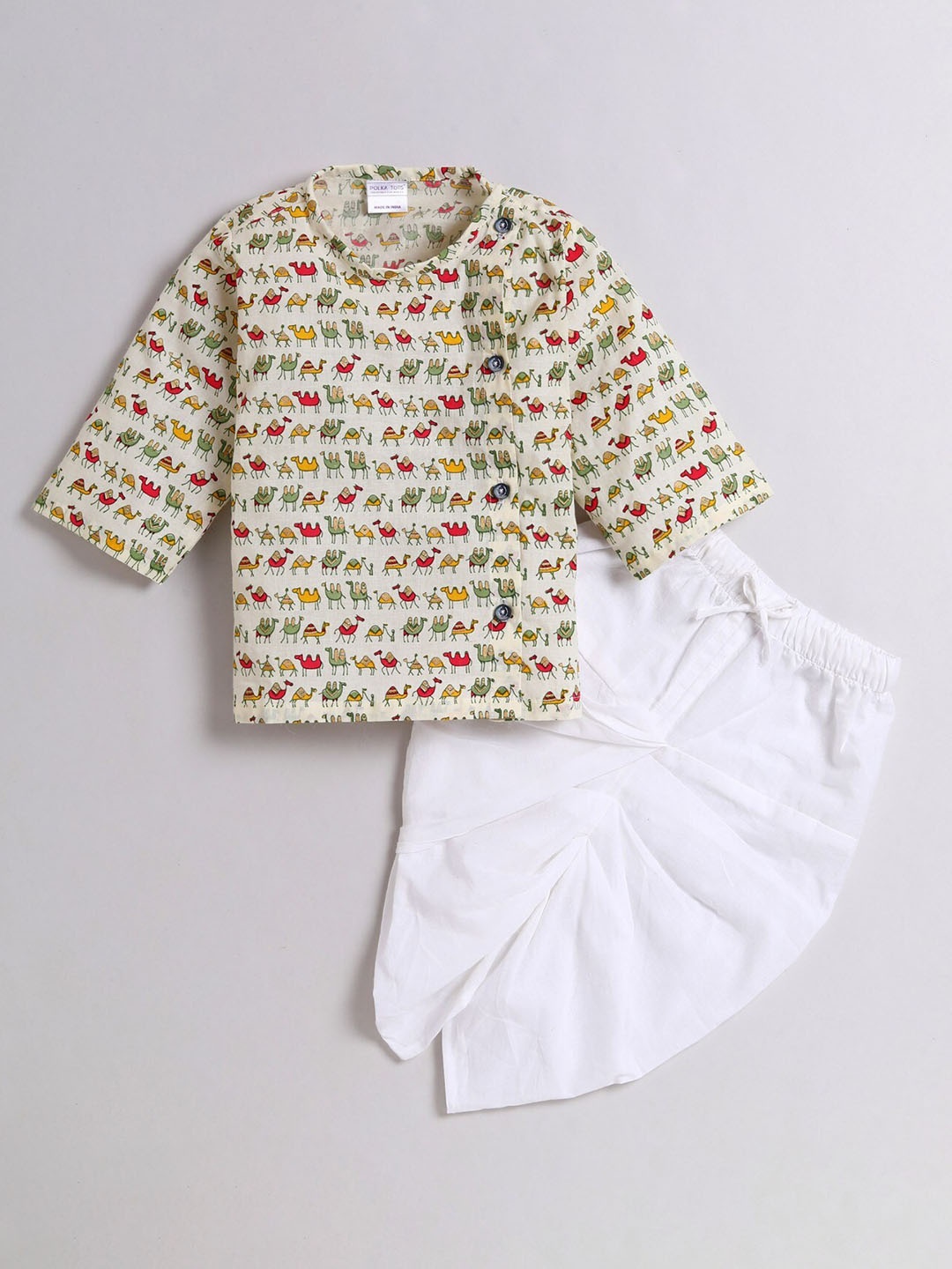 

Polka Tots Kids Printed Angrakha Kurta with Dhoti Pants, Cream