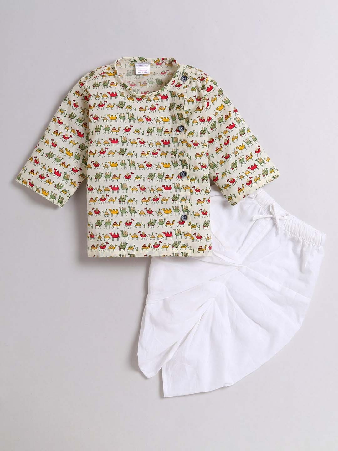 

Polka Tots Boys Quirky Printed Round Neck Cotton Angrakha Kurta With Dhoti Pant, Cream