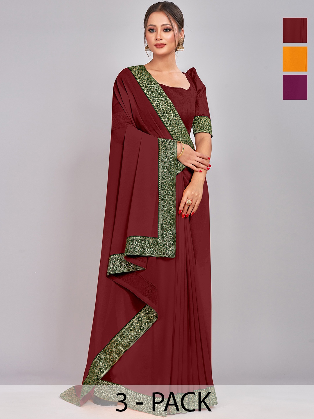 

CastilloFab Selection Of 3 Zari Pure Georgette Sarees, Maroon