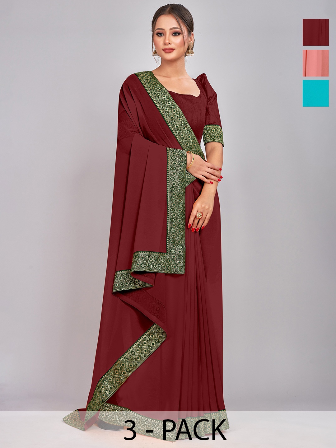 

CastilloFab Selection Of 3 Zari Pure Georgette Sarees, Maroon