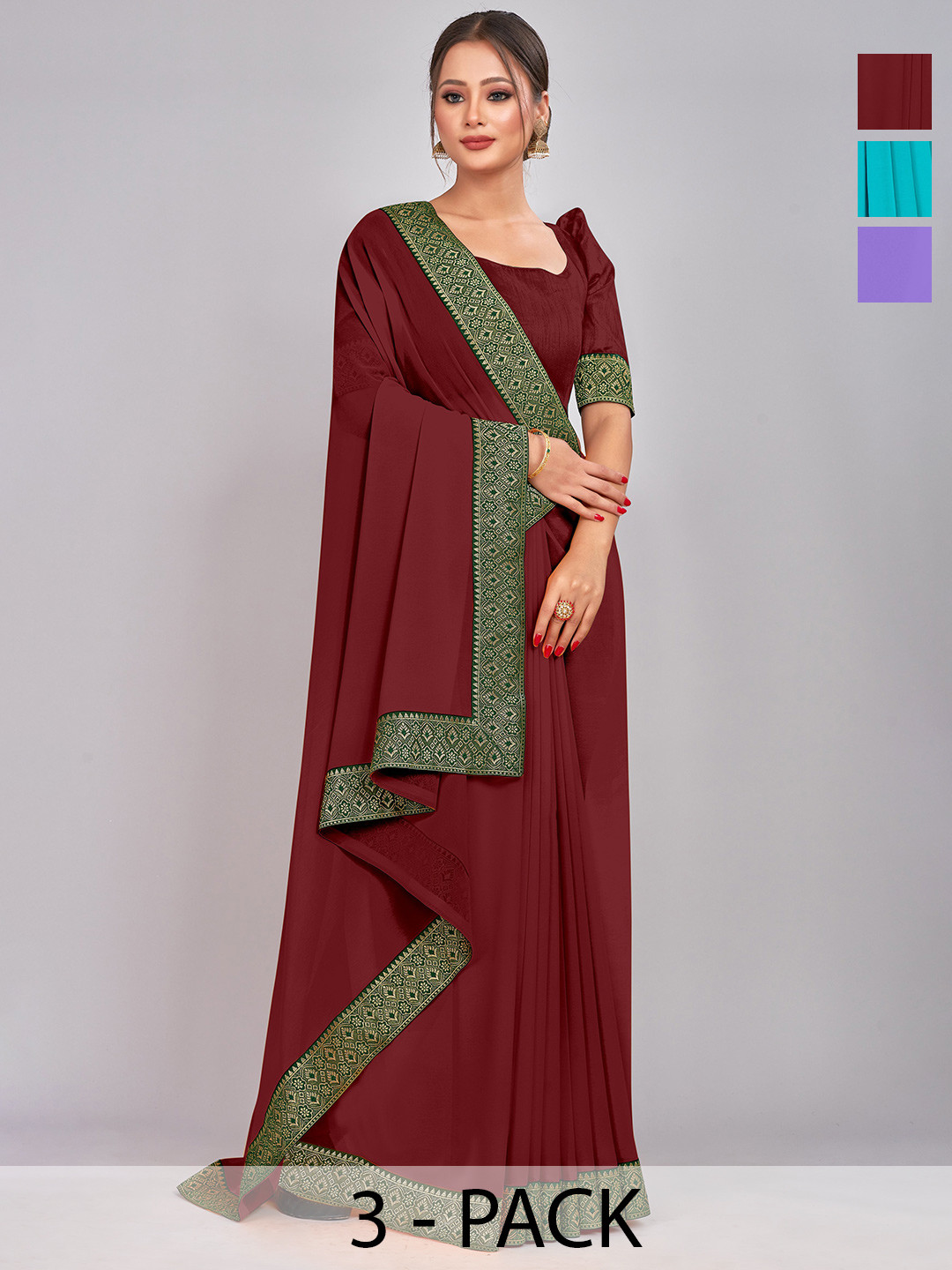 

CastilloFab Selection Of 3 Zari Pure Georgette Sarees, Maroon