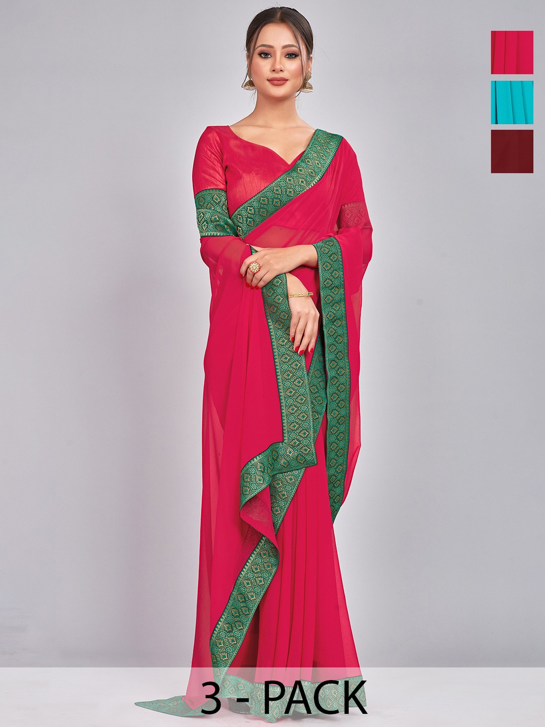

CastilloFab Selection Of 3 Woven Design Pure Georgette Sarees, Maroon