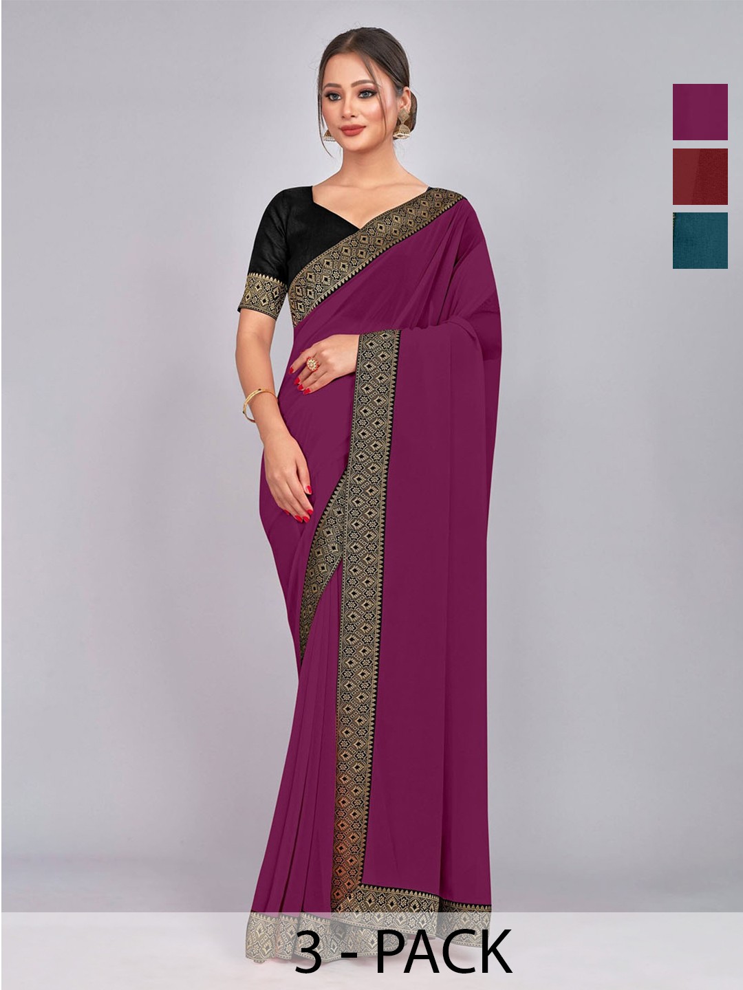 

CastilloFab Selection Of 3 Zari Pure Georgette Saree, Maroon
