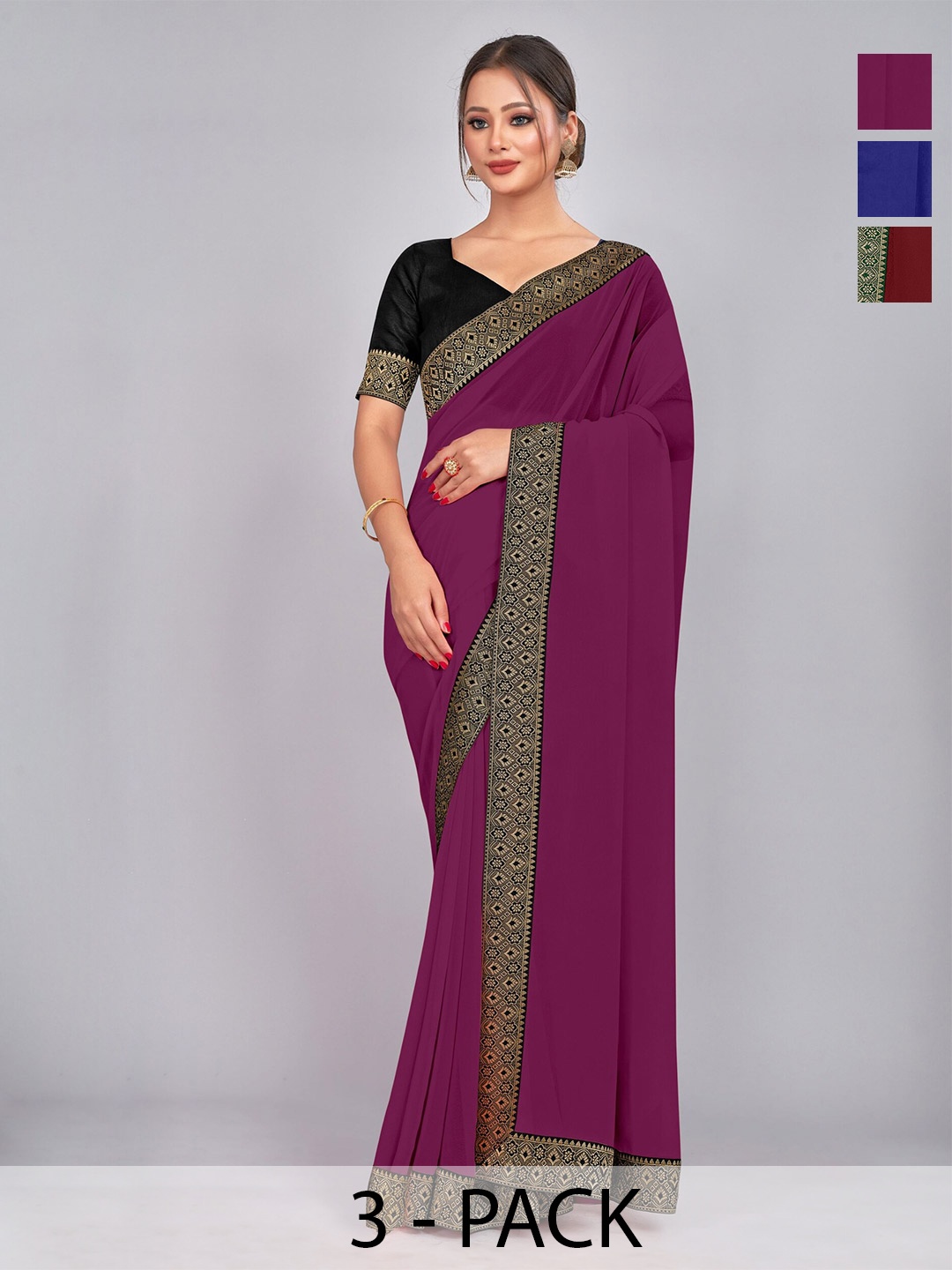 

CastilloFab Selection Of 3 Zari Pure Georgette Sarees, Maroon