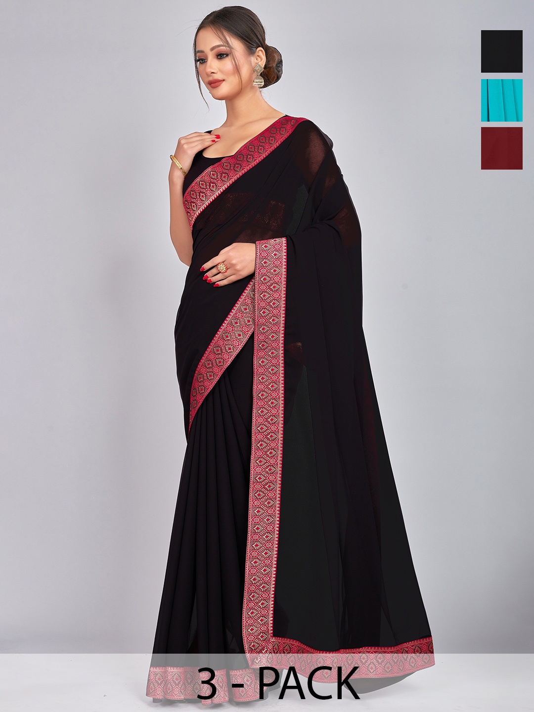 

CastilloFab Selection Of 3 Pure Georgette Sarees, Maroon