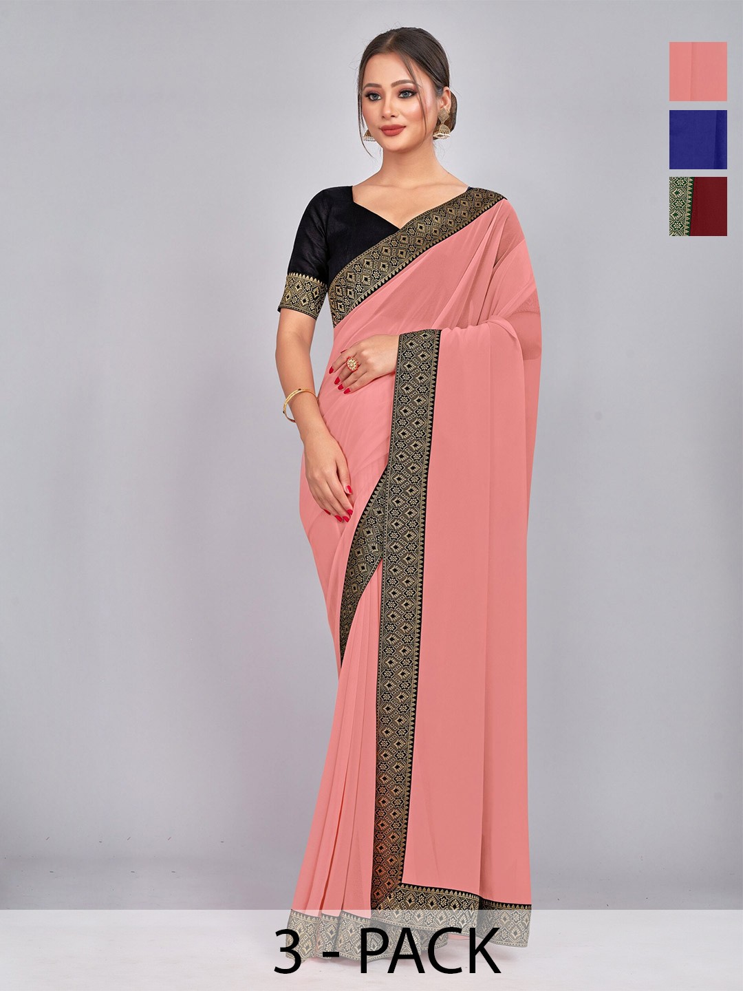 

CastilloFab Selection Of 3 Pure Georgette Sarees, Maroon