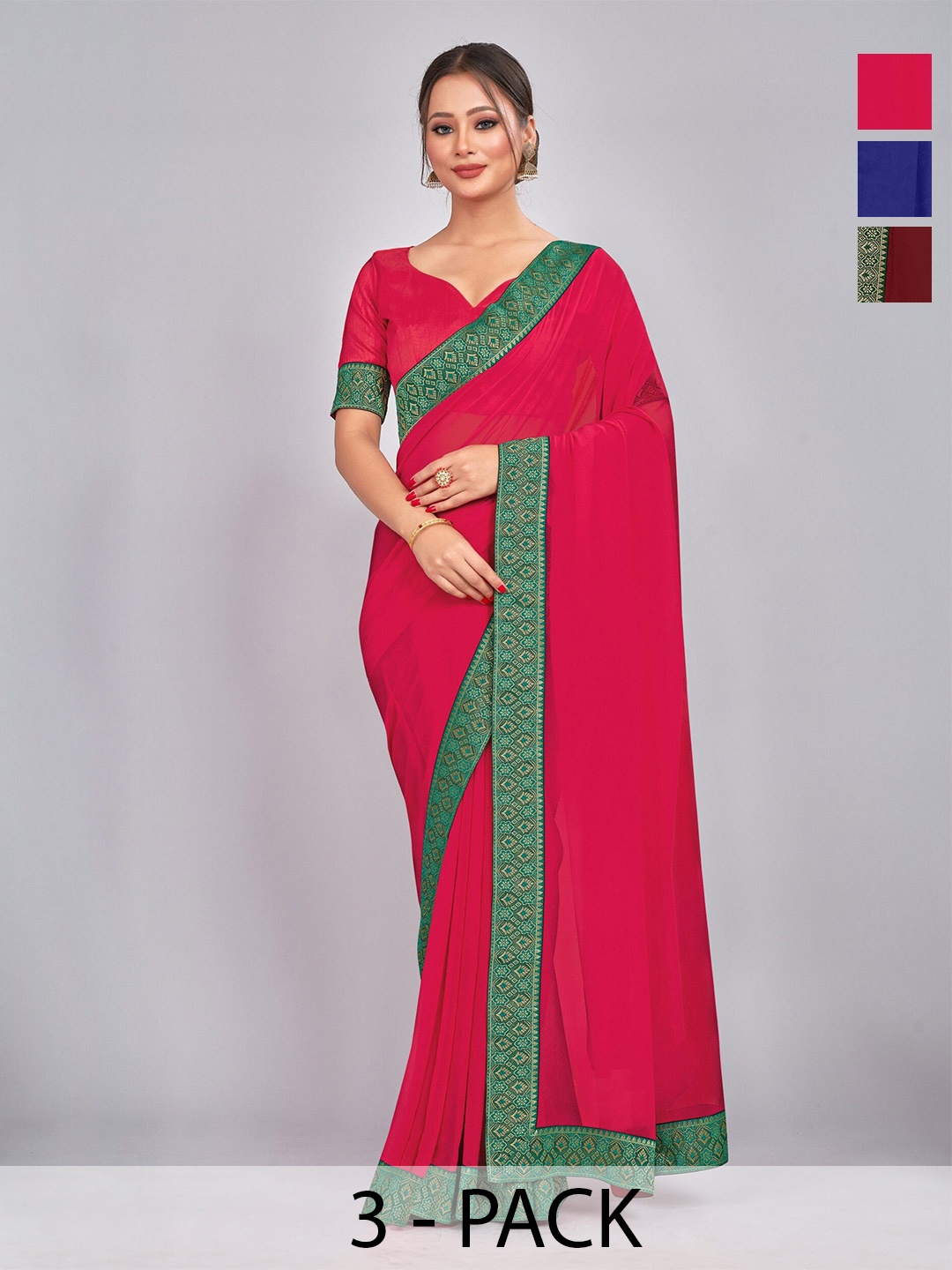 

CastilloFab Pack Of 3 Zari Pure Georgette Saree, Maroon