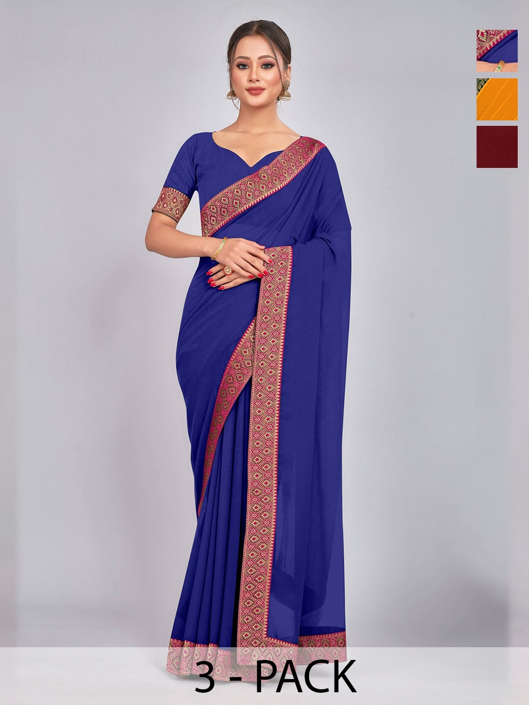

CastilloFab Selection Of 3 Zari Pure Georgette Saree, Maroon