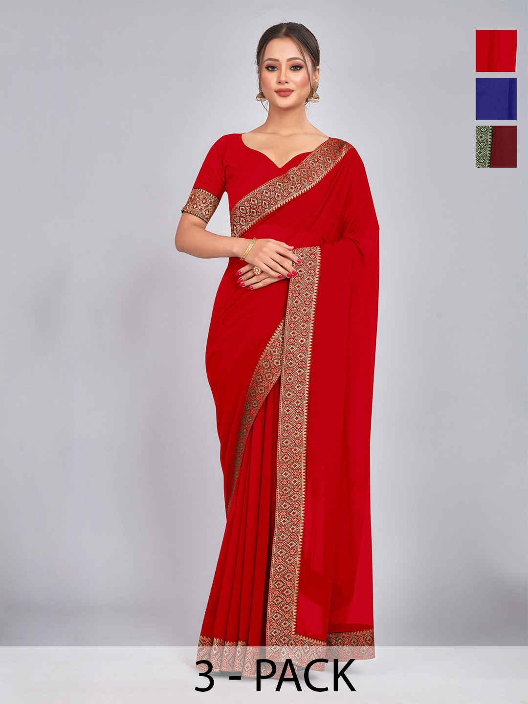 

CastilloFab Pack Of 3 Pure Georgette Saree, Maroon