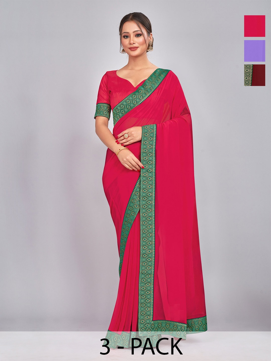 

CastilloFab Selection Of 3 Zari Pure Georgette Sarees, Maroon