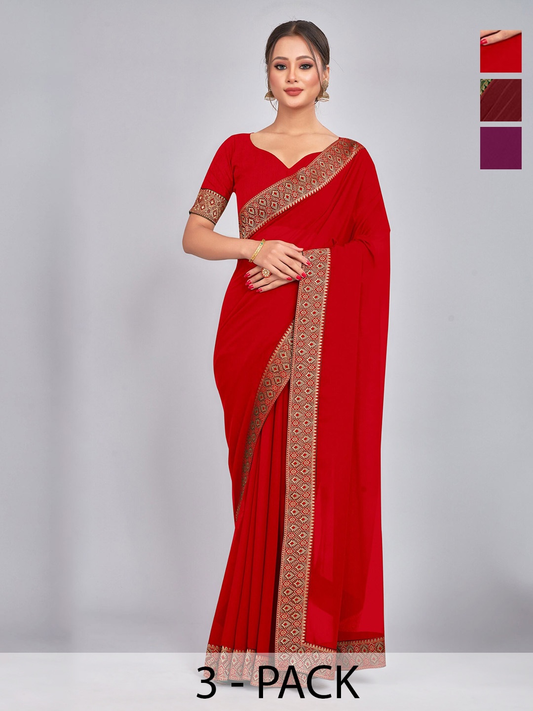 

CastilloFab Selection Of 3 Zari Pure Georgette Saree, Maroon