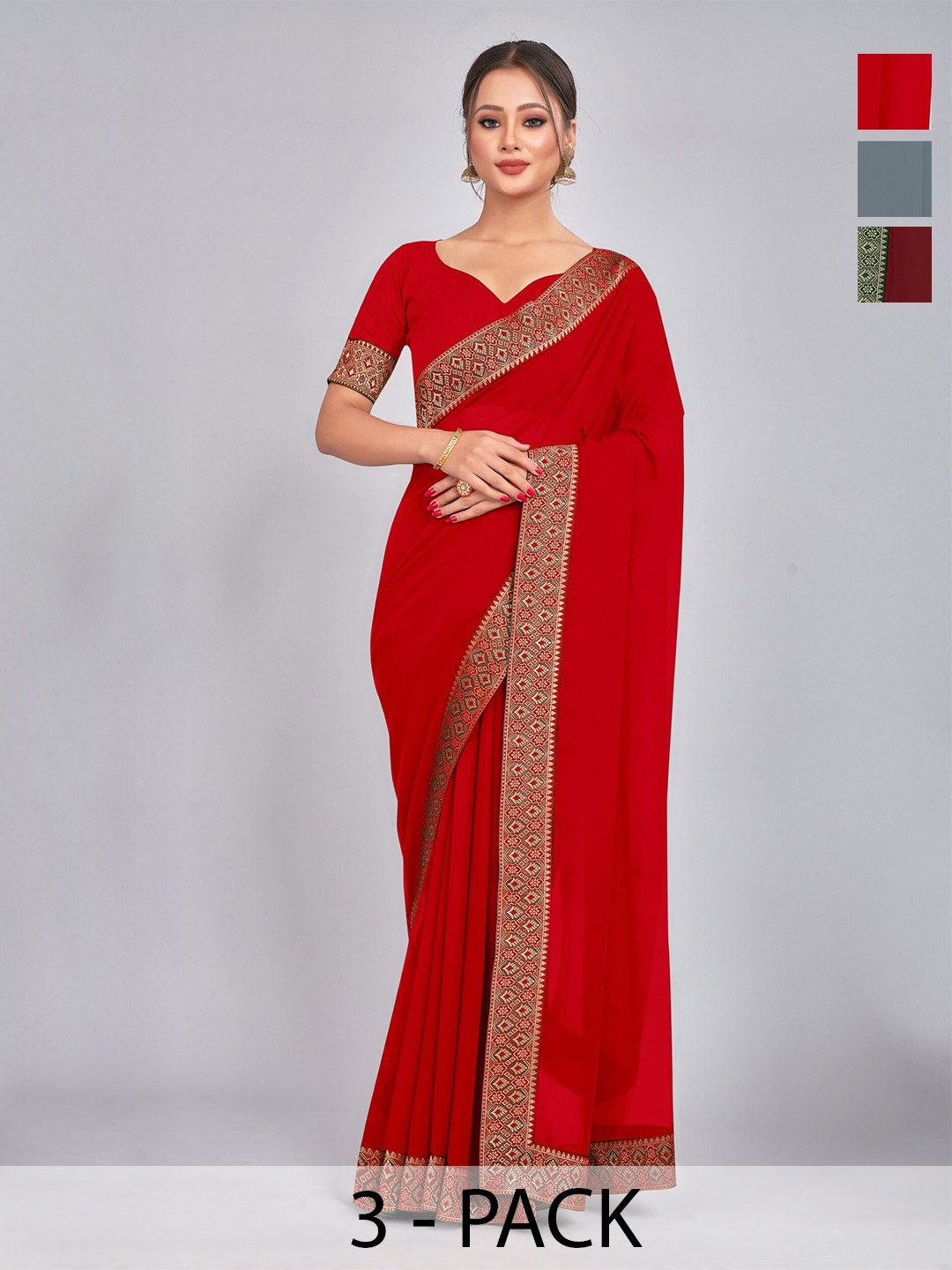 

CastilloFab Selection Of 3 Pure Georgette Sarees, Maroon