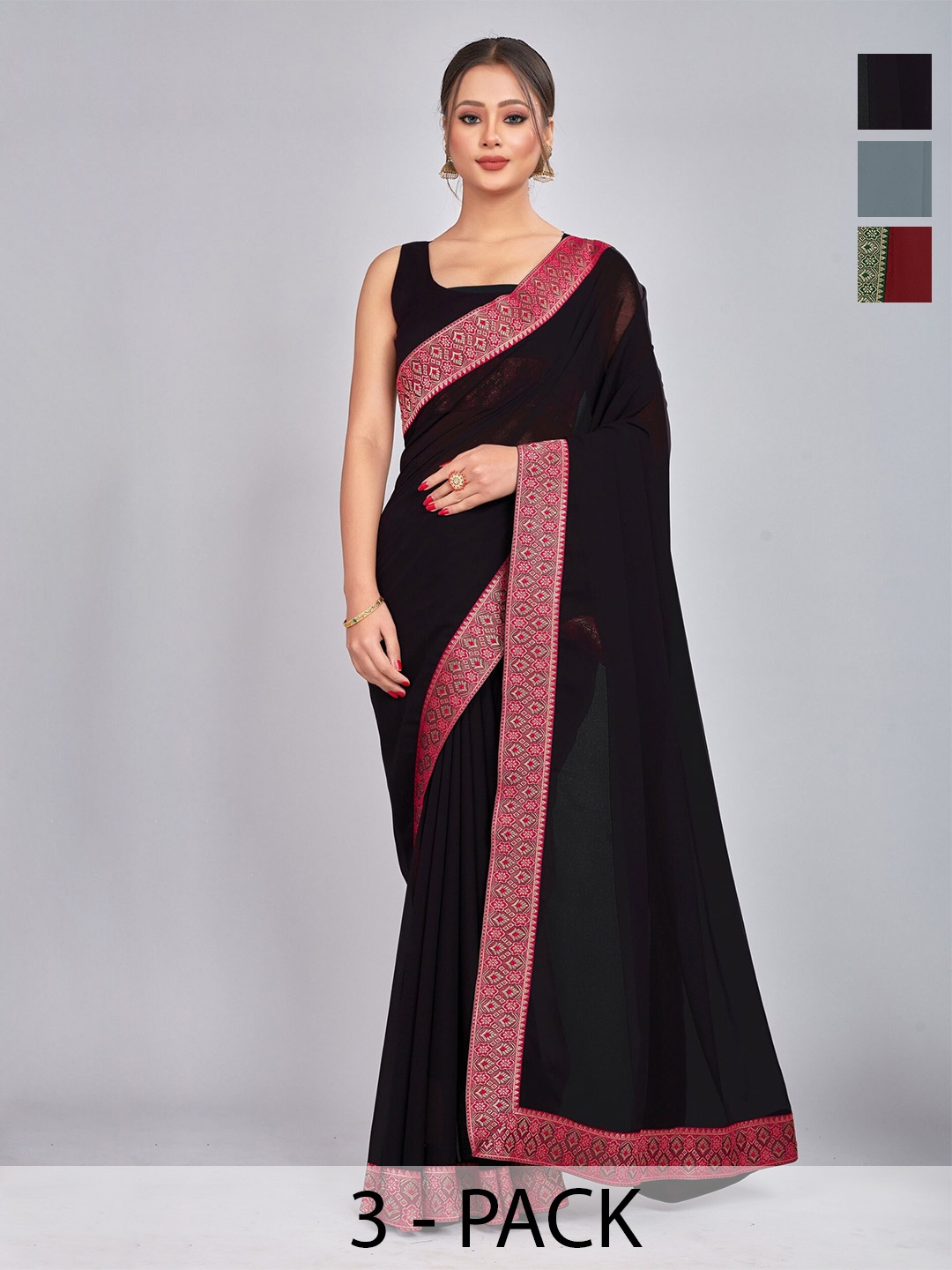 

CastilloFab Selection Of 3 Pure Georgette Saree, Maroon