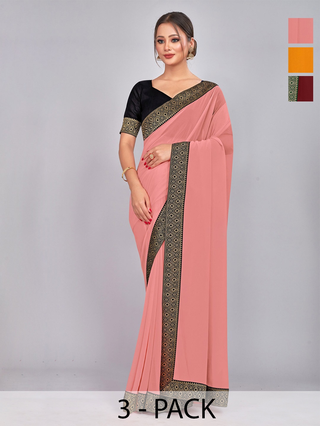

CastilloFab Selection Of 3 Zari Pure Georgette Sarees, Maroon