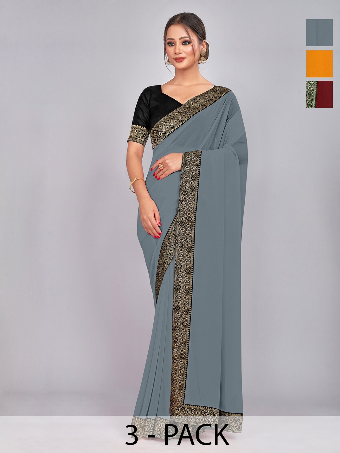 

CastilloFab Selection Of 3 Zari Pure Georgette Sarees, Maroon