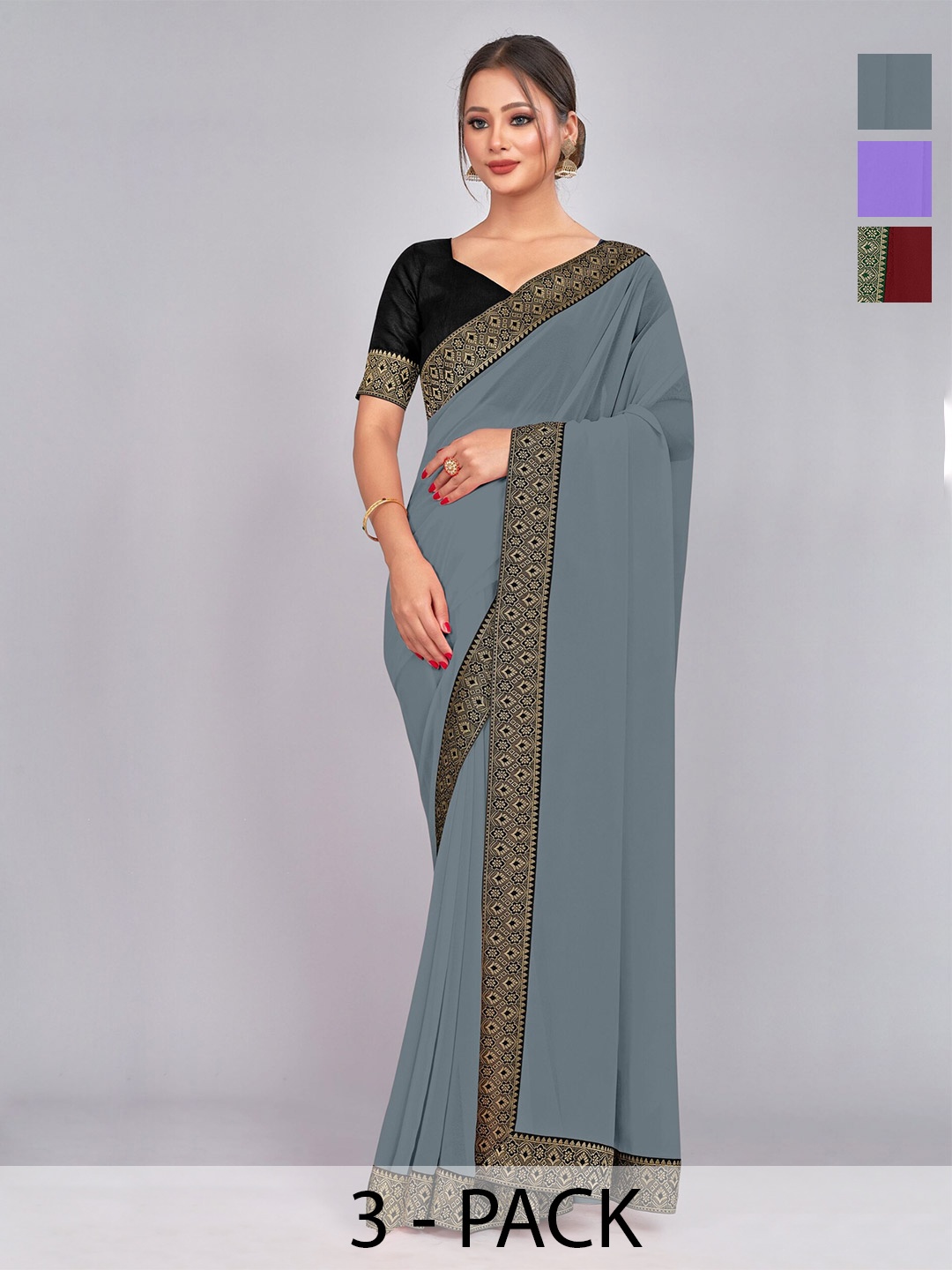 

CastilloFab Selection Of 3 Pure Georgette Saree, Maroon