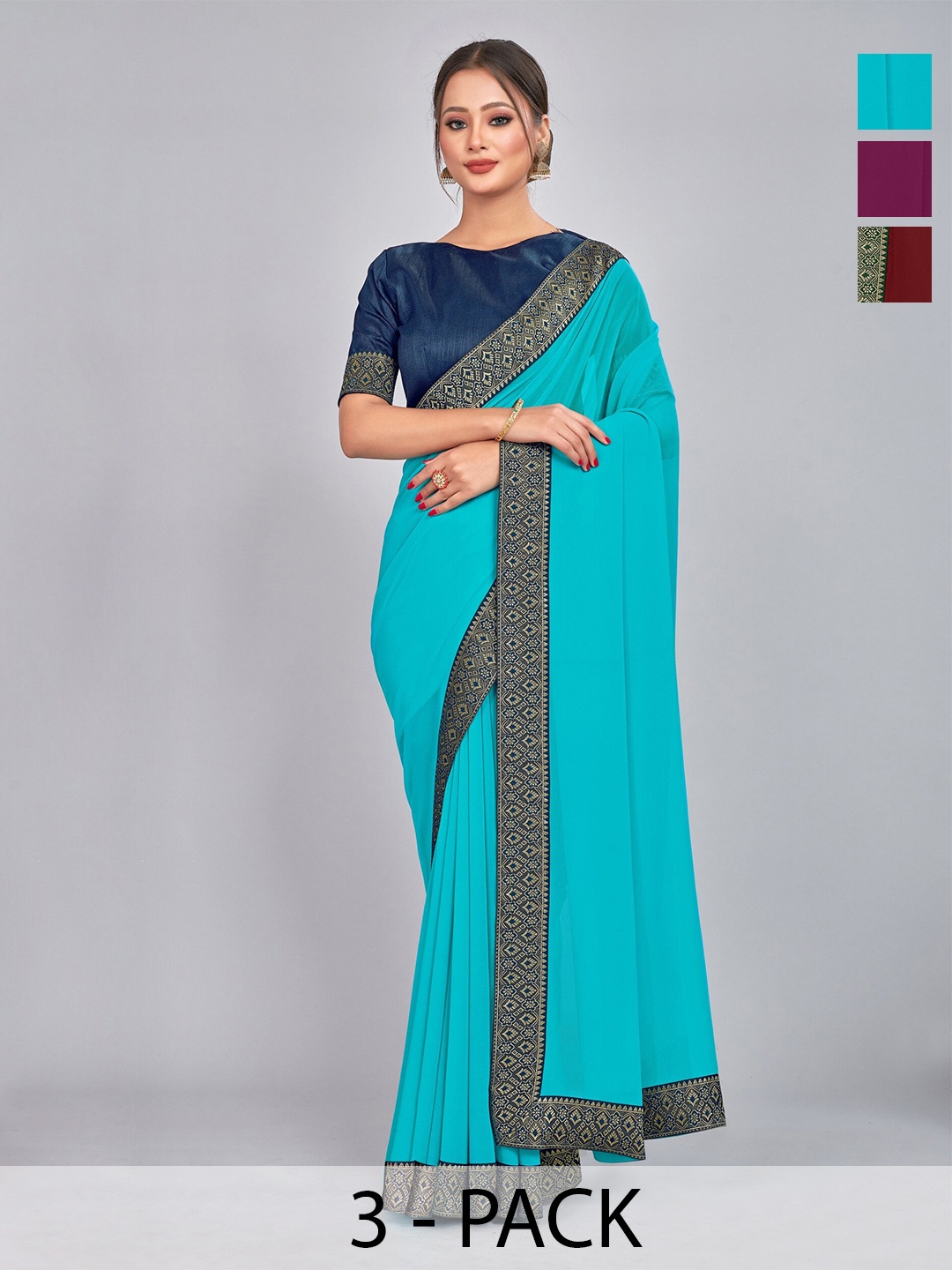 

CastilloFab Selection Of 3 Pure Georgette Sarees, Maroon