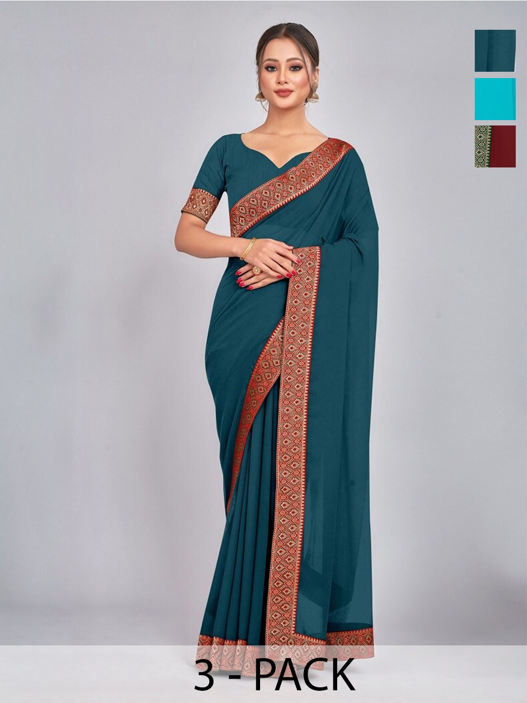 

CastilloFab Selection Of 3 Pure Georgette Sarees, Maroon