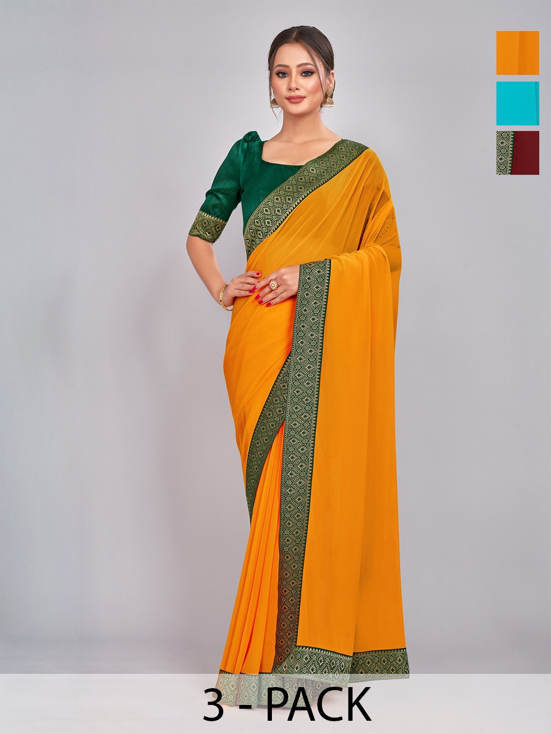 

CastilloFab Selection Of 3 Zari Detailed Pure Georgette Sarees, Mustard
